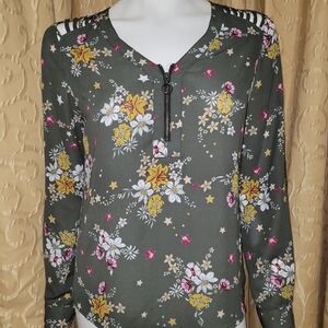Women's Small "Candie's" Olive Green/Floral Long Sleeve Cut Out Blouse